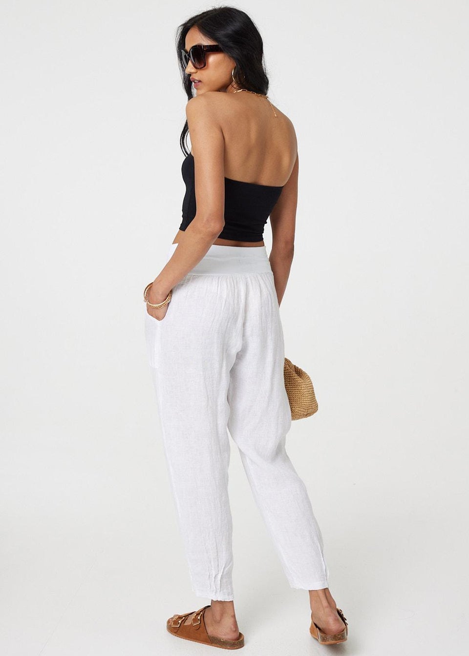 Izabel London White Relaxed Linen Blend Tapered Trousers