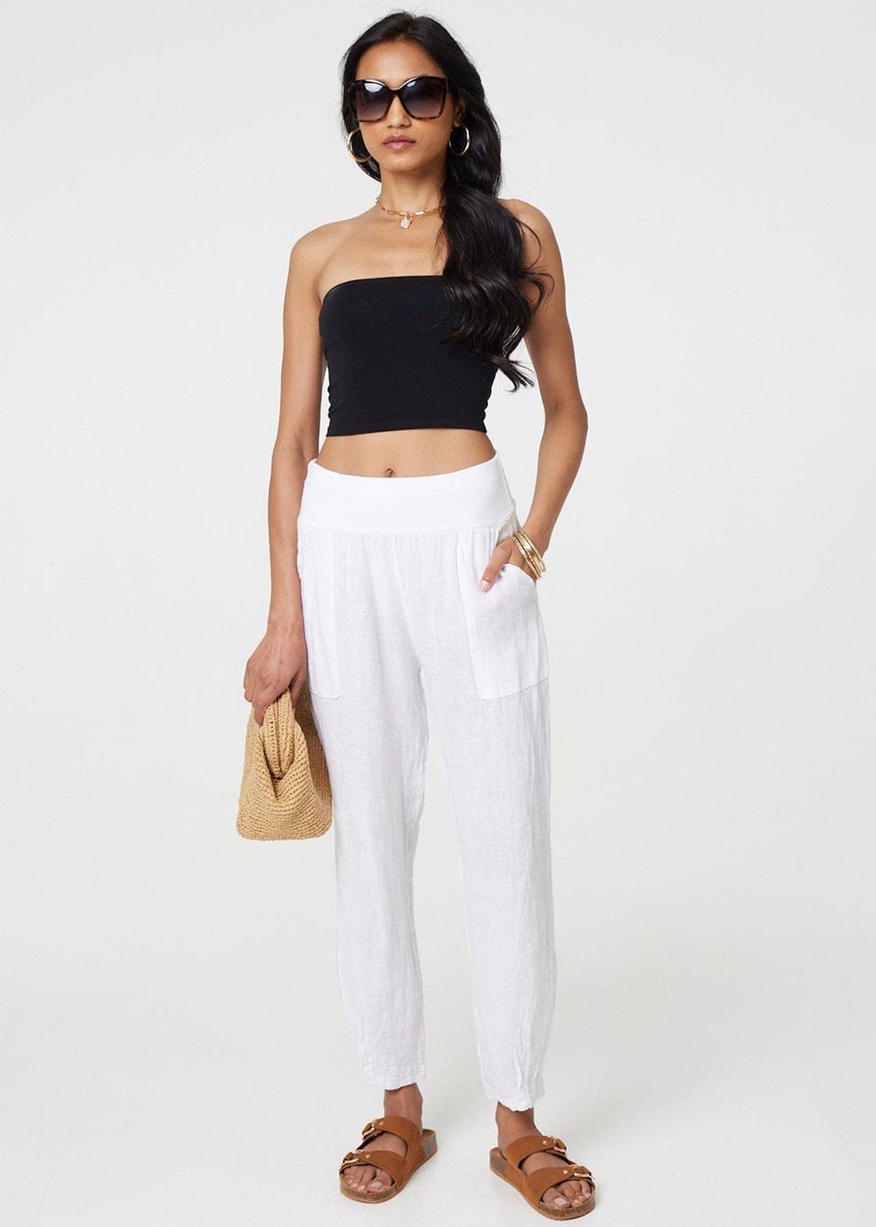 Izabel London White Relaxed Linen Blend Tapered Trousers
