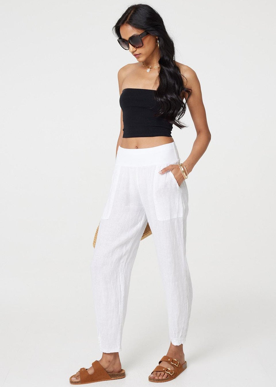 Izabel London White Relaxed Linen Blend Tapered Trousers