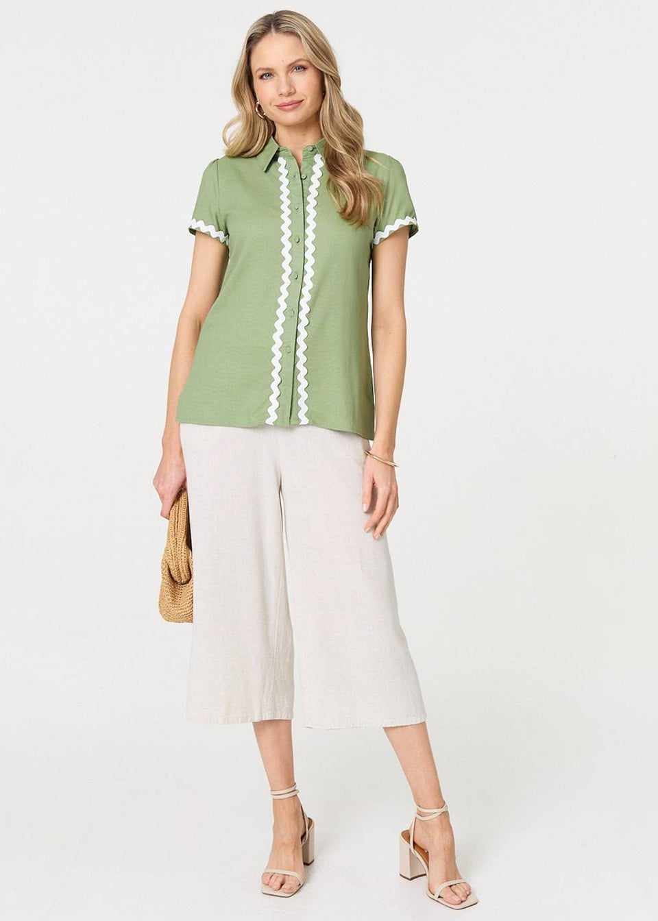 Izabel London Sage Zig Zag Trim Short Sleeve Shirt