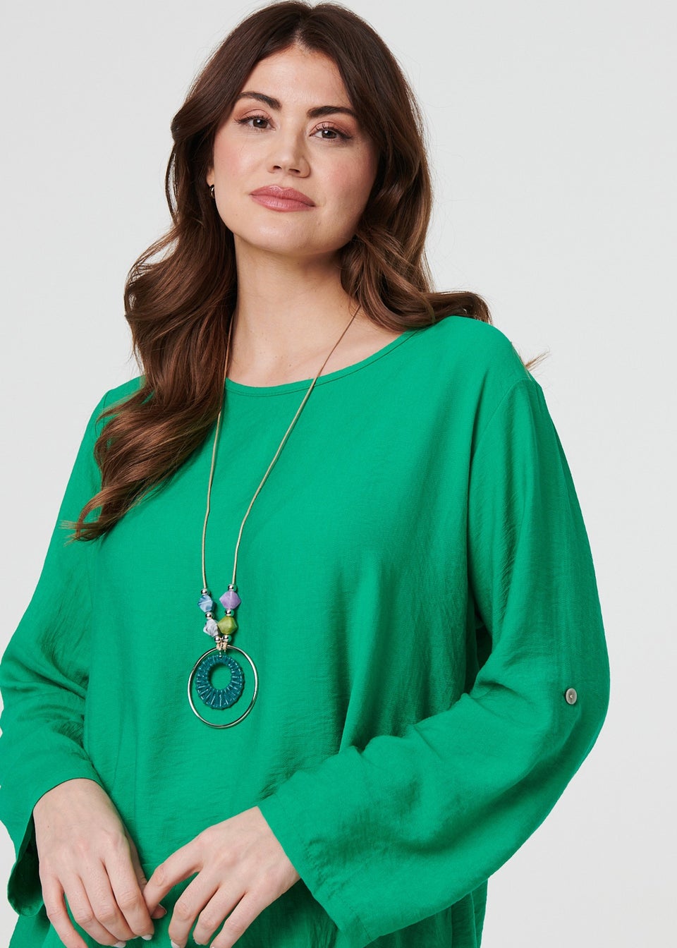 Izabel London Green Ruffle Curved Hem Long Sleeve Blouse