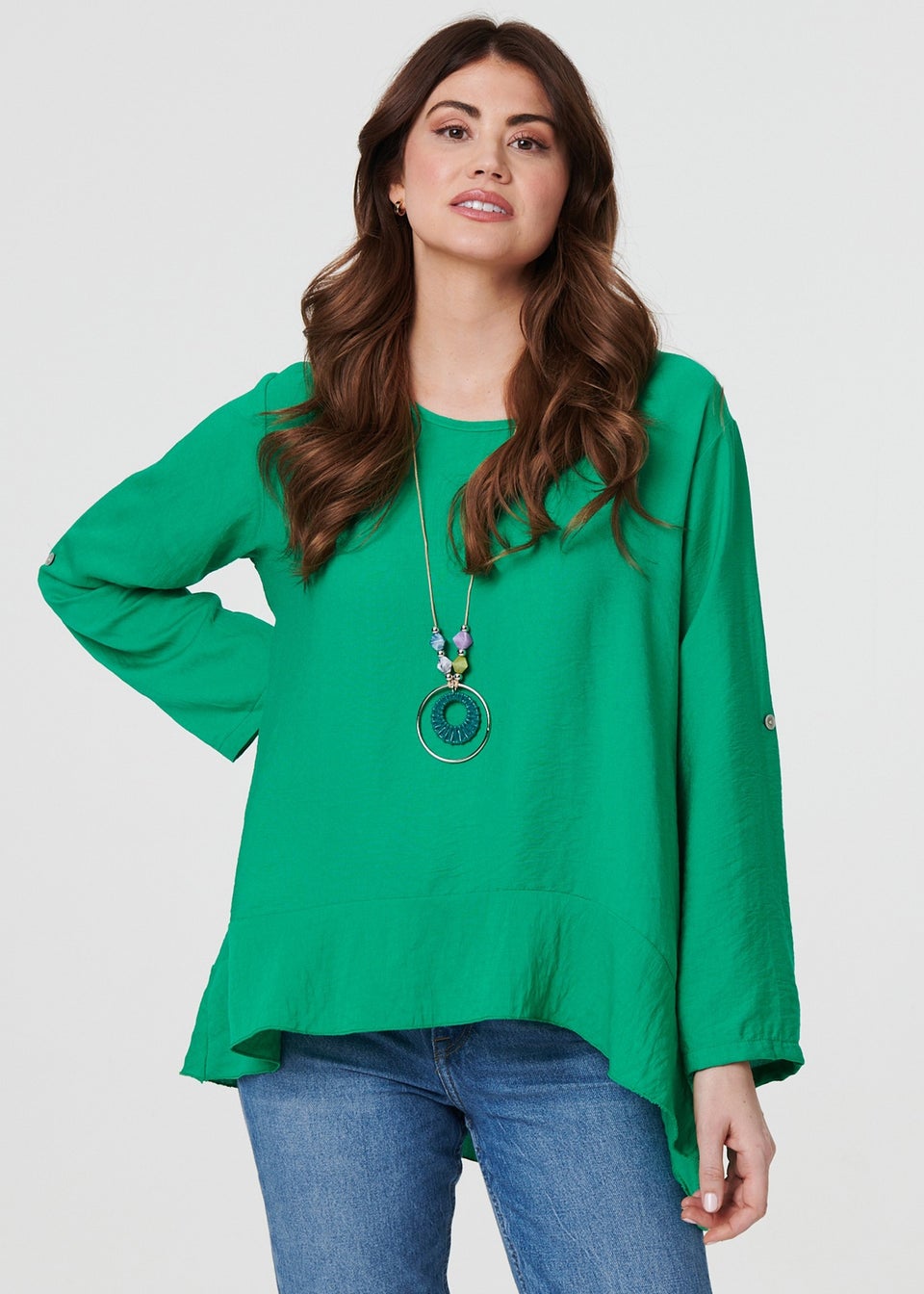Izabel London Green Ruffle Curved Hem Long Sleeve Blouse