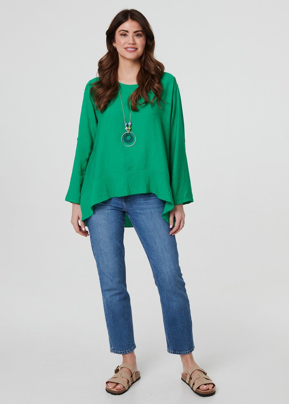 Izabel London Green Ruffle Curved Hem Long Sleeve Blouse