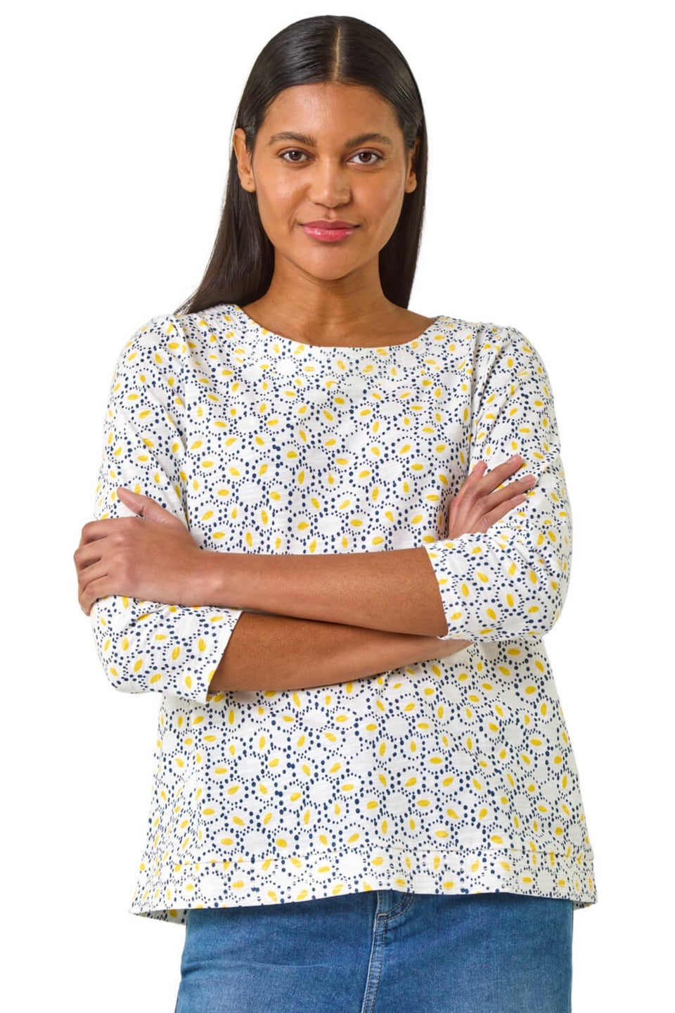 Roman Yellow Abstract Print Jersey Top