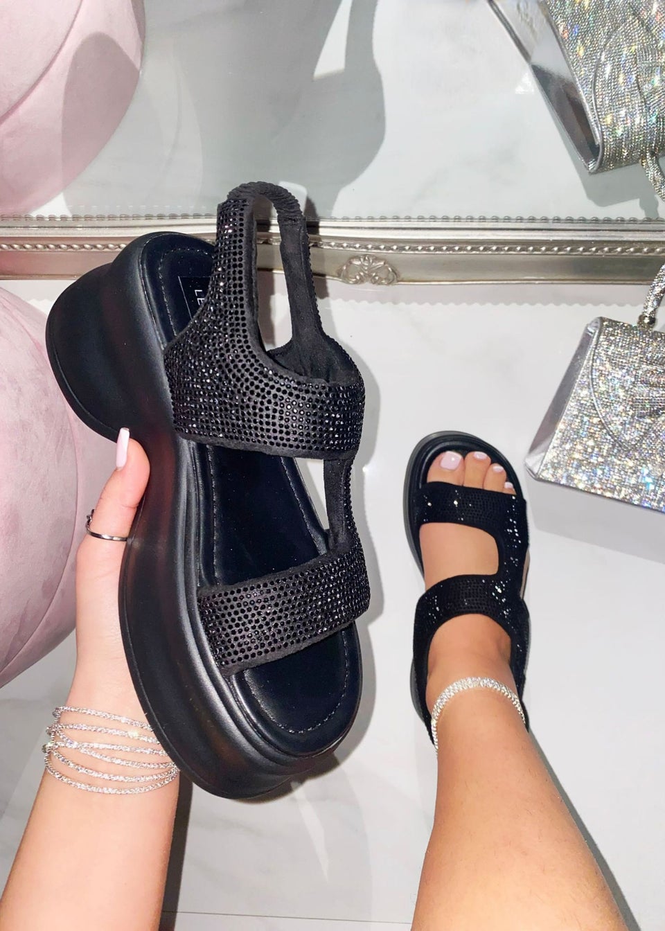 Love Lemonade Black Crystal Glimmer Chunky Sandals