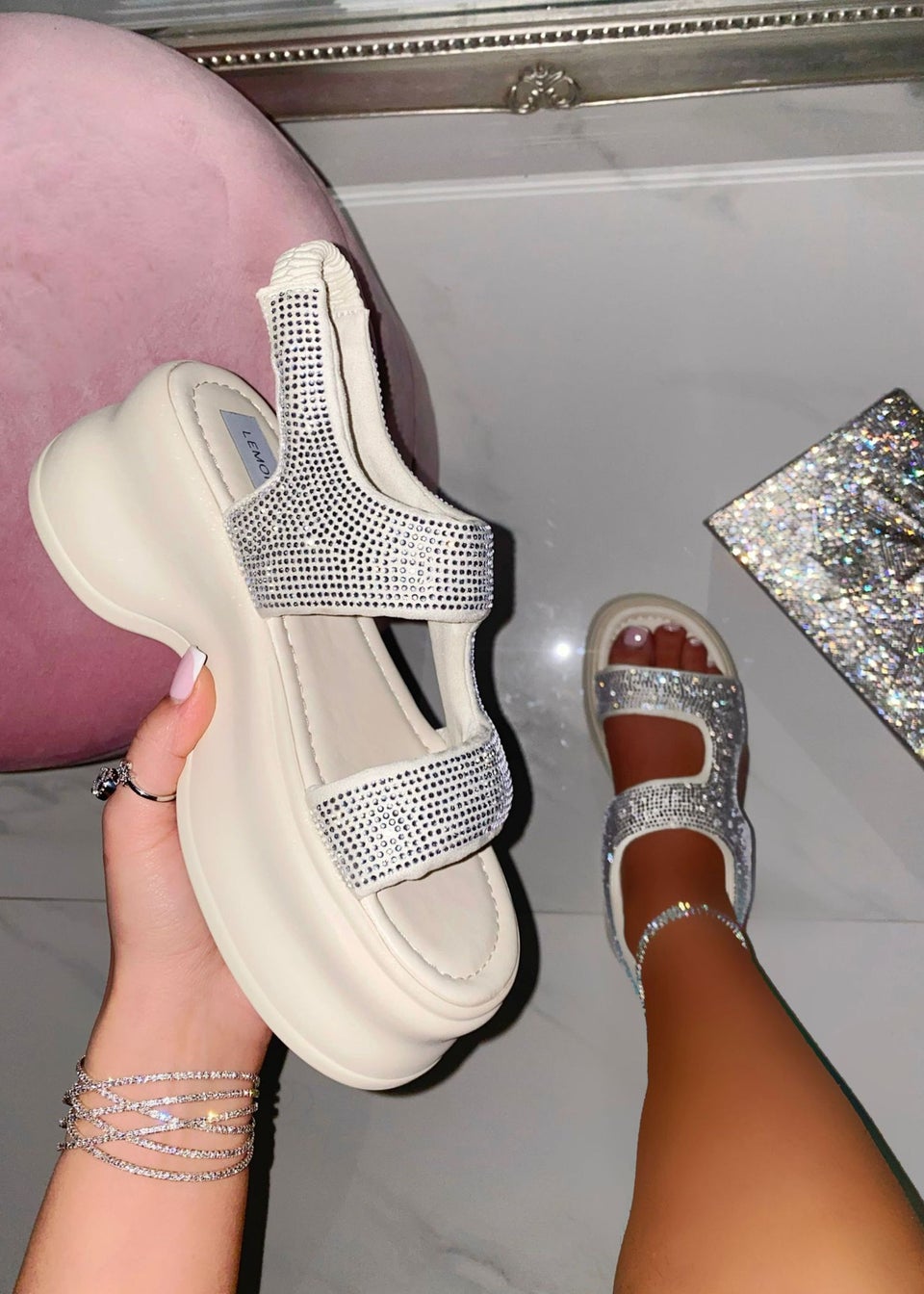 Love Lemonade White Crystal Glimmer Chunky Sandals