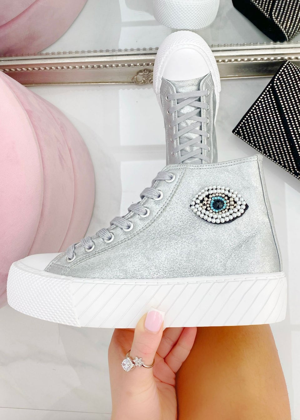 Love Lemonade Silver Sparkly Embellished Evil Eye High Top Trainers