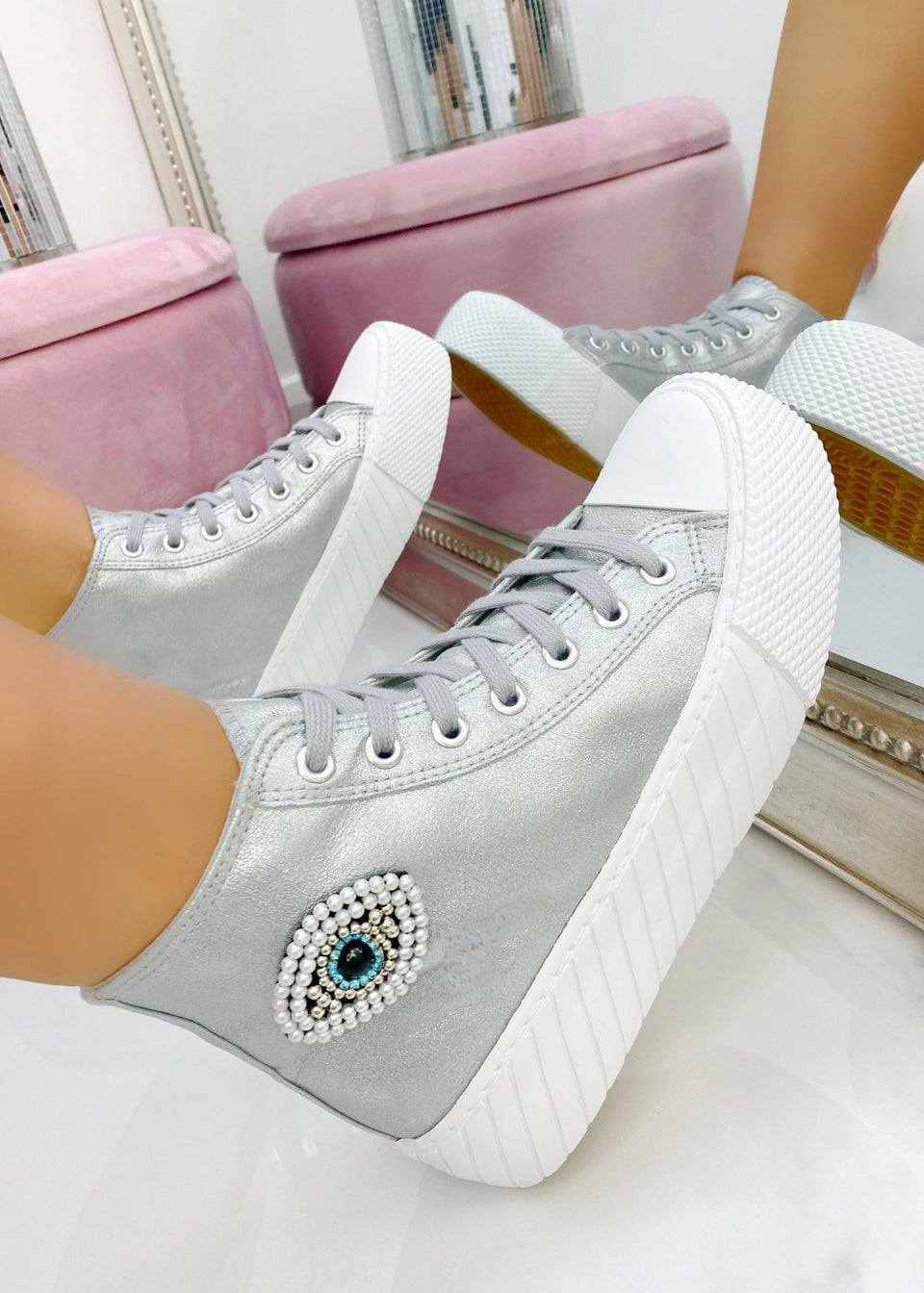 Love Lemonade Silver Sparkly Embellished Evil Eye High Top Trainers