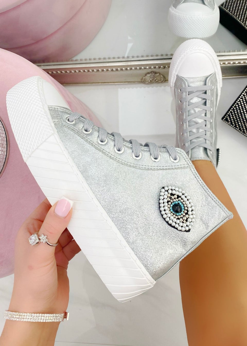 Love Lemonade Silver Sparkly Embellished Evil Eye High Top Trainers