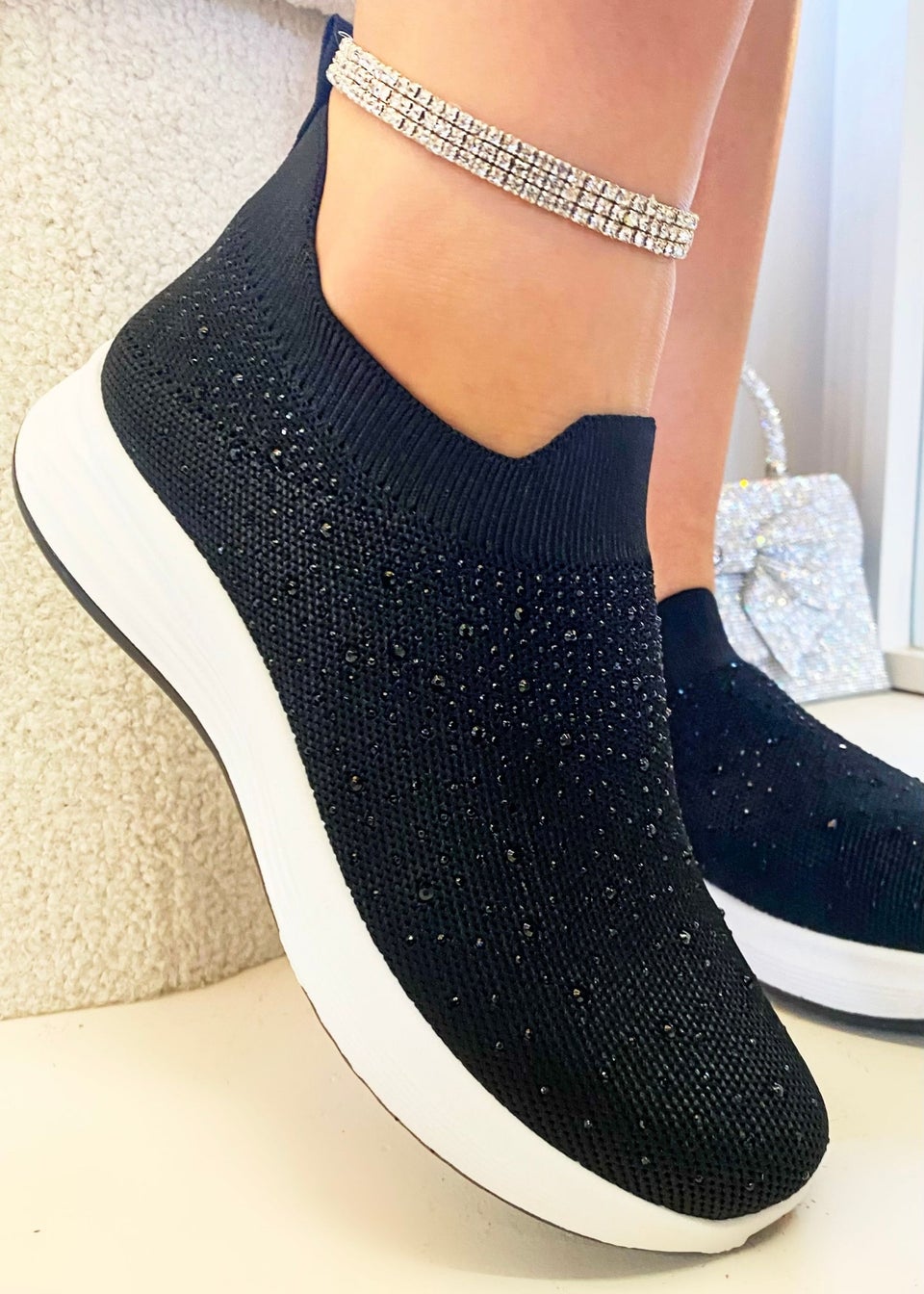 Love Lemonade Black Crystal Rainbow Drop Stretch Sock Trainers