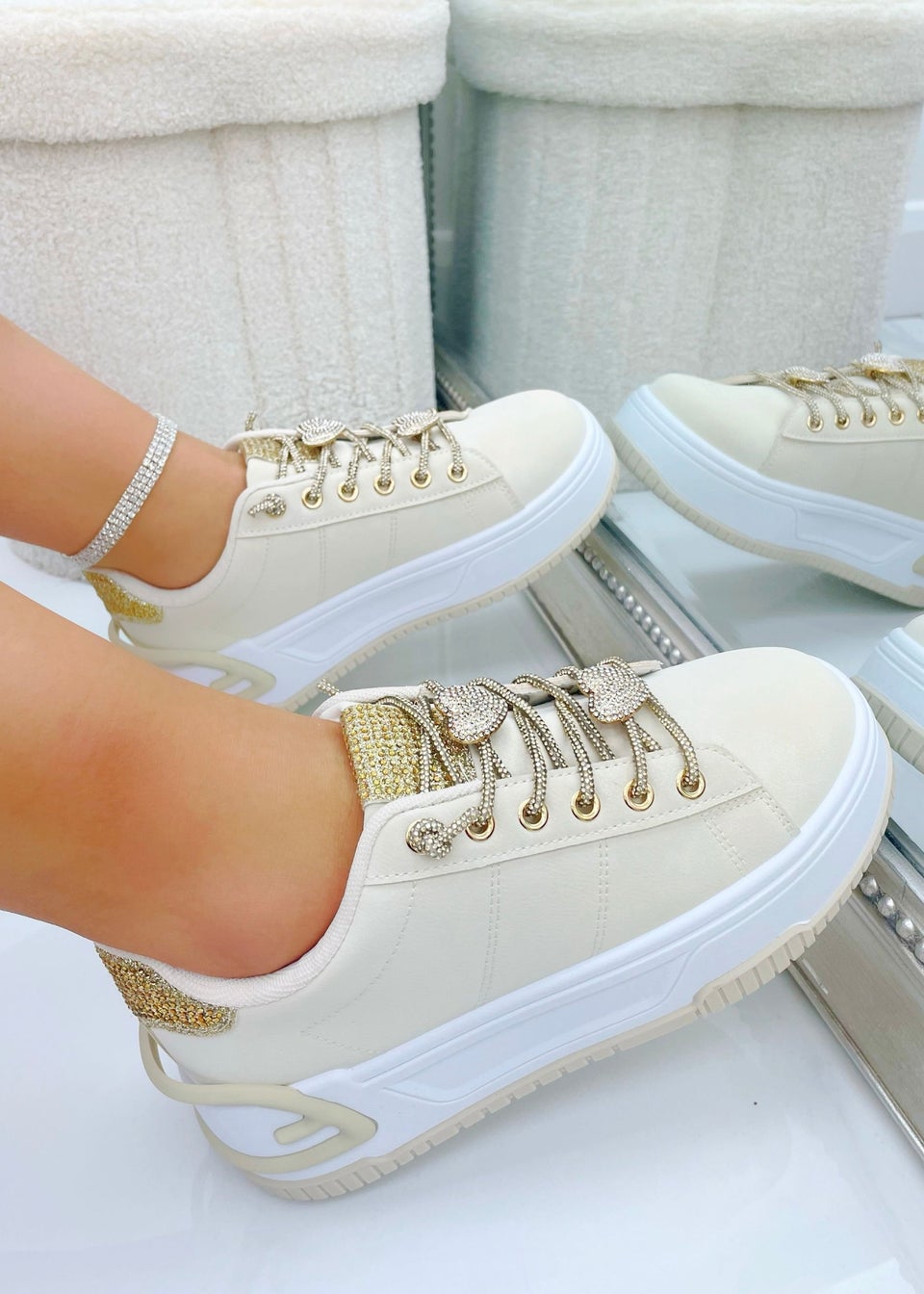 Love Lemonade Beige Crystal Hearts Sparkly Lace Up Trainers