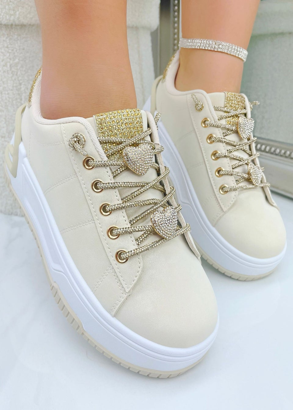 Love Lemonade Beige Crystal Hearts Sparkly Lace Up Trainers