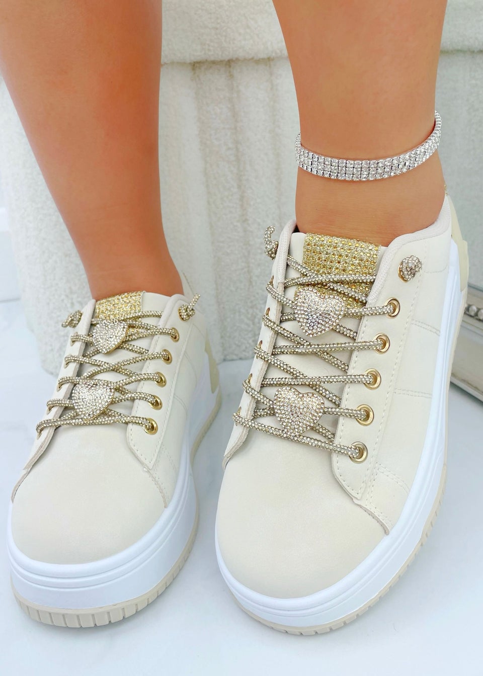 Love Lemonade Beige Crystal Hearts Sparkly Lace Up Trainers