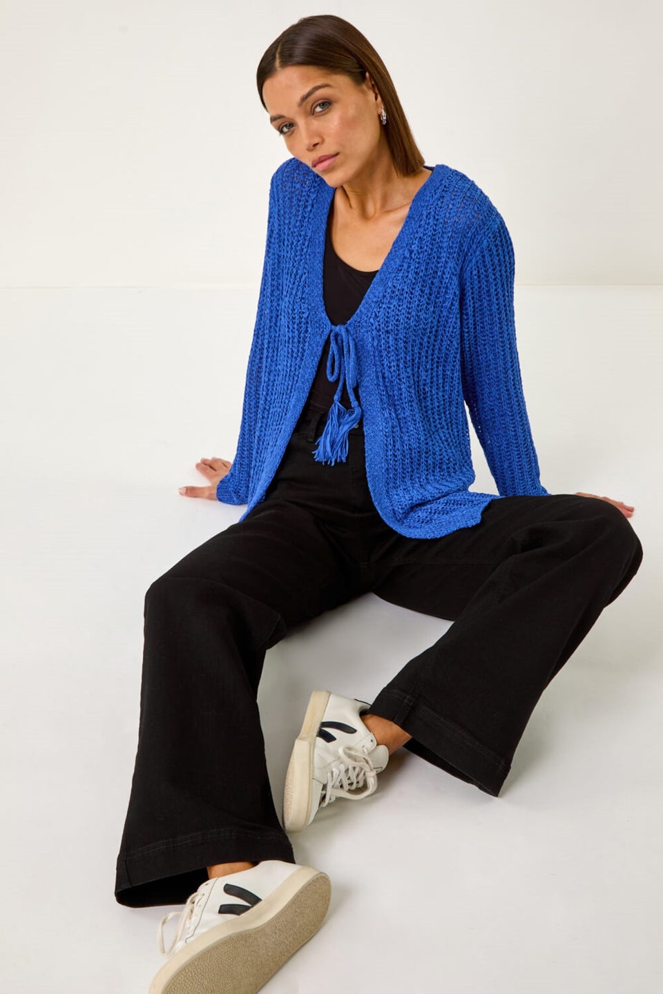 Roman Blue Tie Front Knit Cardigan