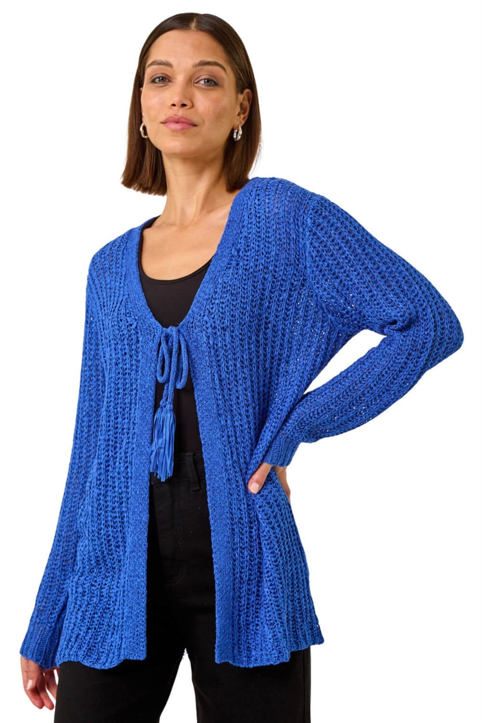 Roman Blue Tie Front Knit Cardigan