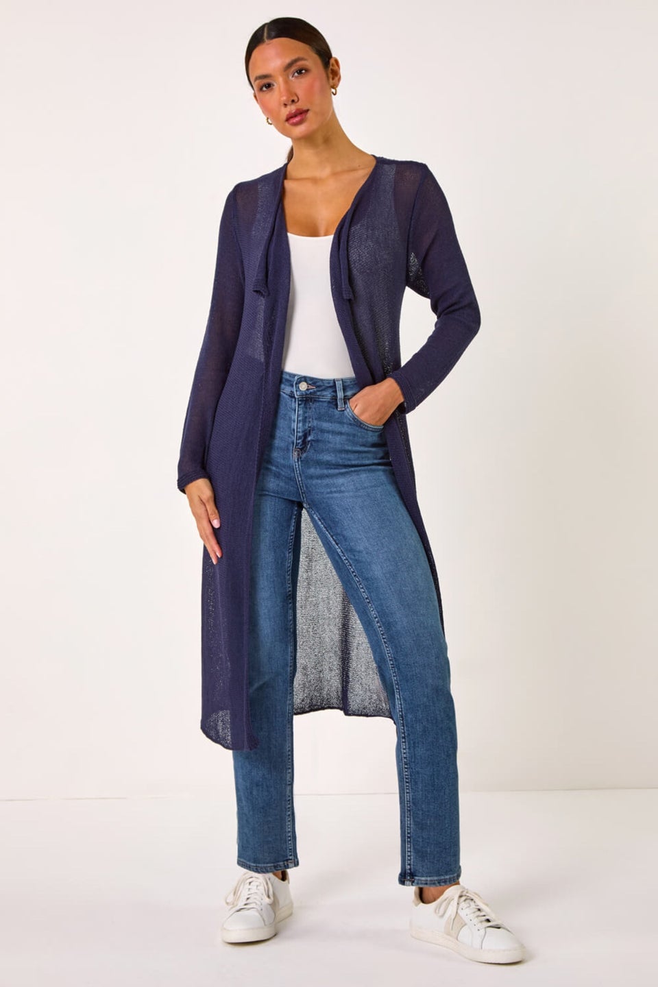 Roman Navy Waterfall Knit Longline Cardigan