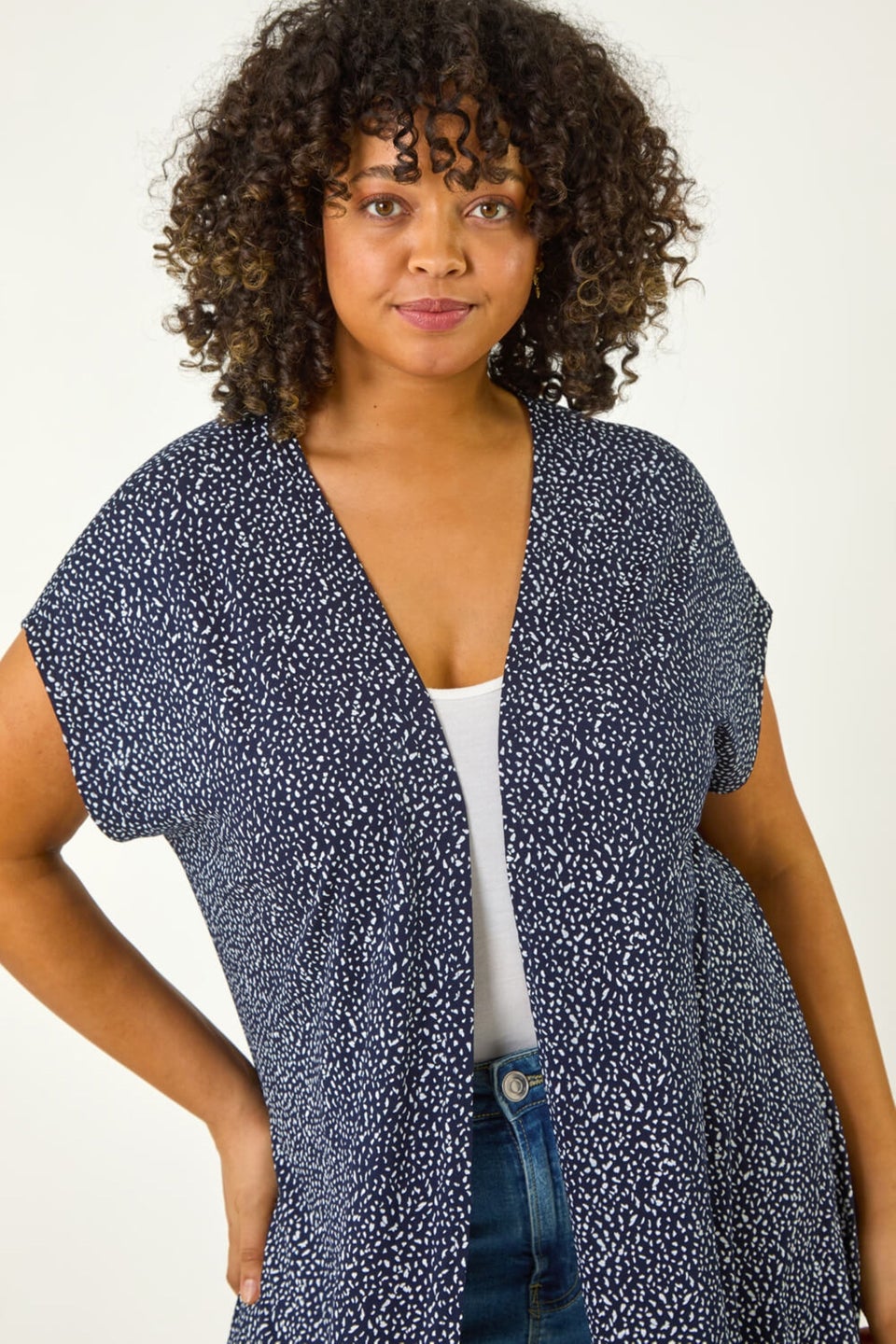 Roman Navy Curve Mono Print Stretch Cardigan