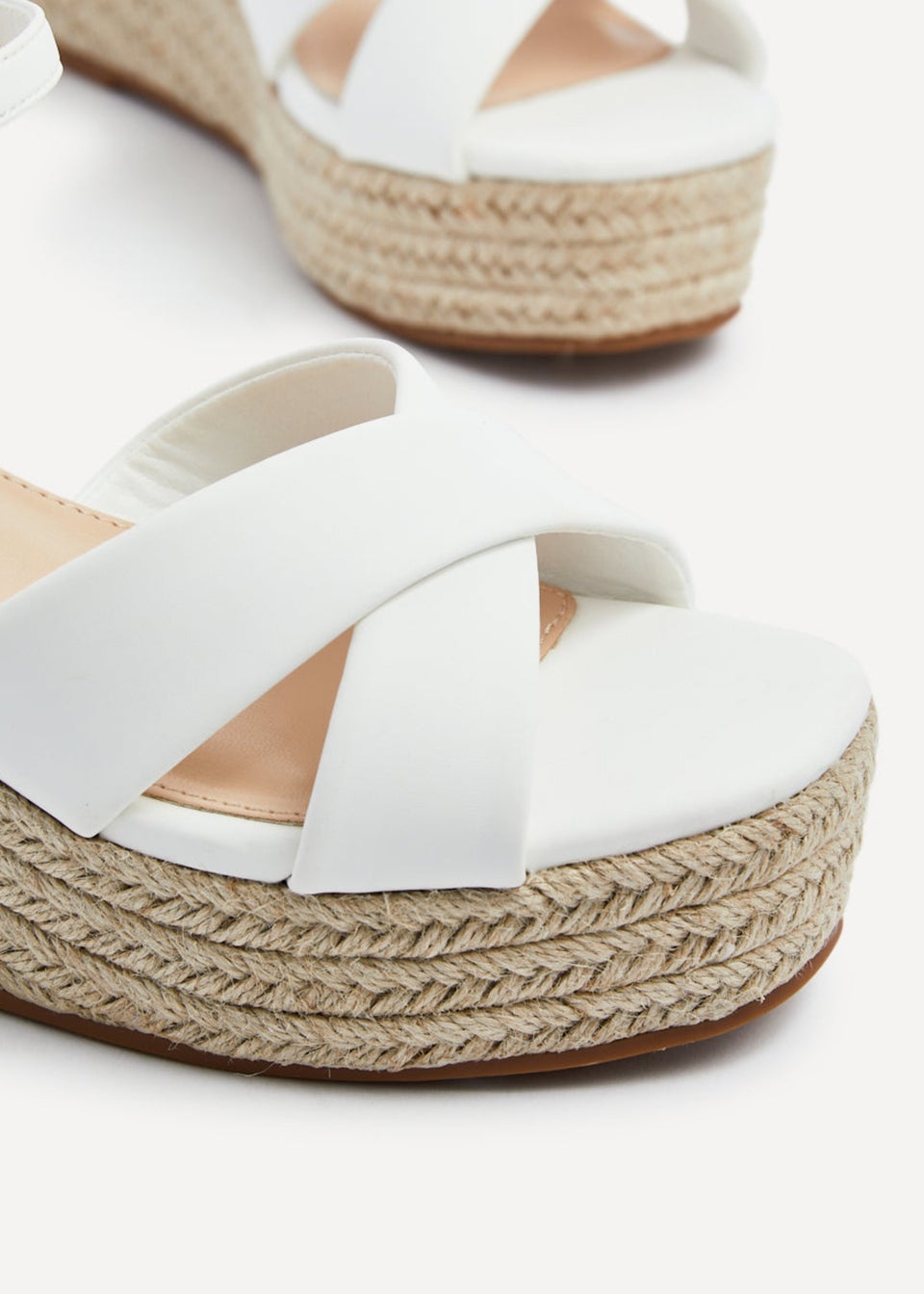 Linzi Vision White Faux Leather Crossover Rope Detail Wedge