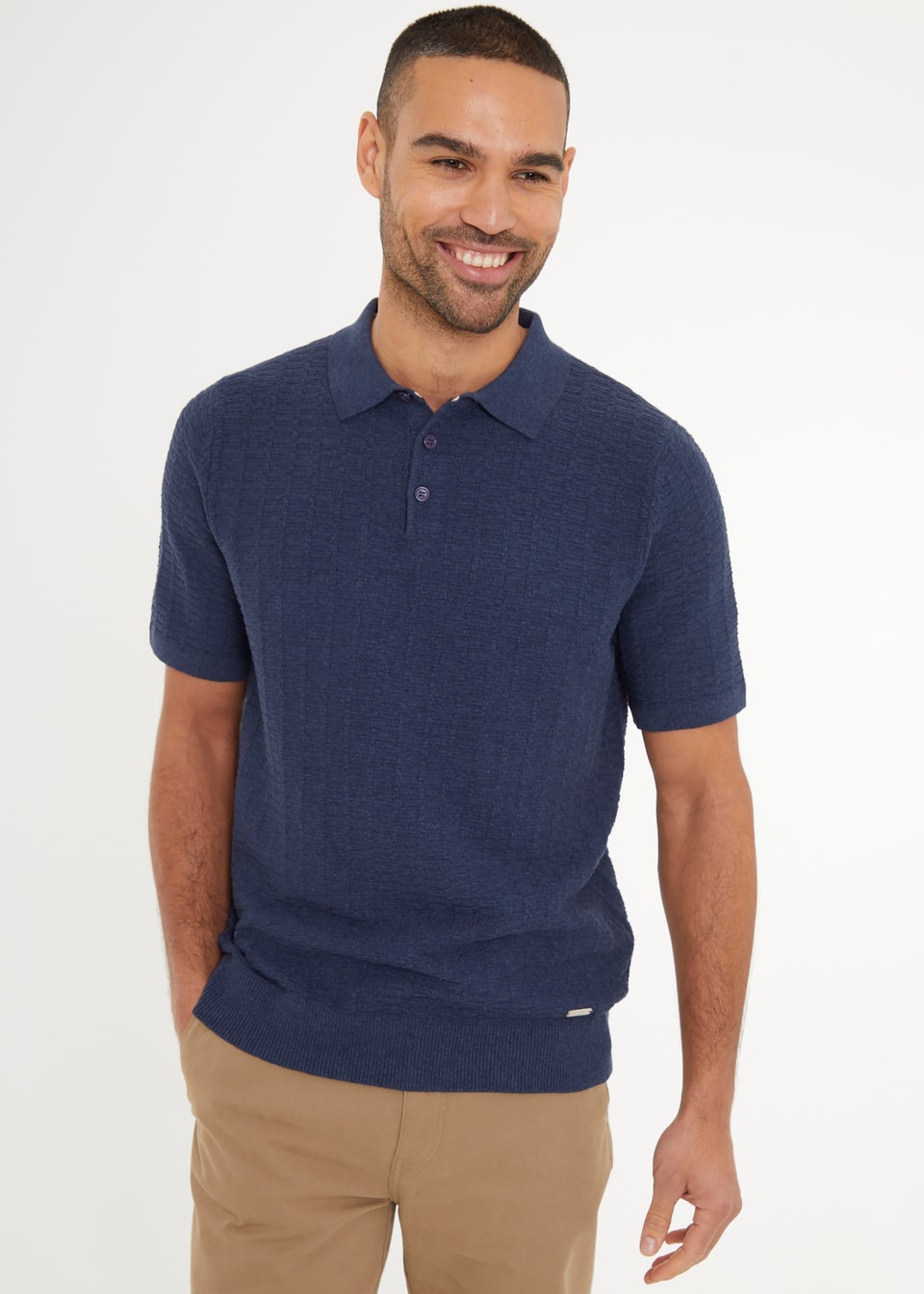 Threadbare Blue Cotton Mix Short Sleeve Textured Knitted Polo Shirt
