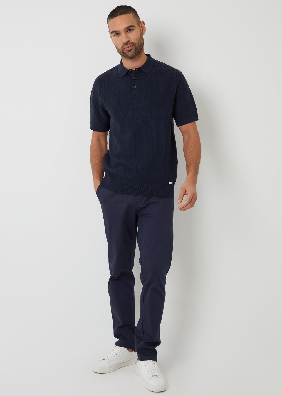 Threadbare Navy Cotton Mix Short Sleeve Textured Knitted Polo Shirt