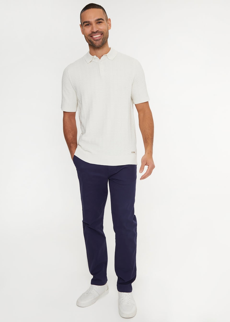 Threadbare Ecru Cotton Mix Short Sleeve Textured Knitted Polo Shirt