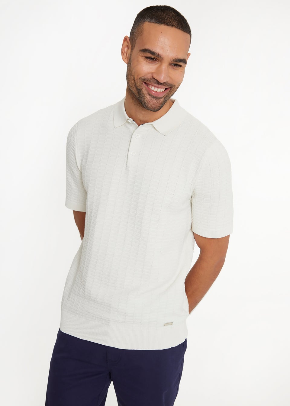 Threadbare Ecru Cotton Mix Short Sleeve Textured Knitted Polo Shirt