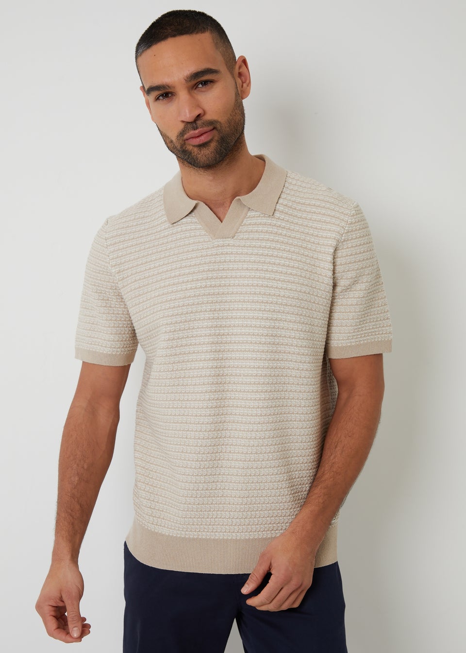 Threadbare Beige Textured Stripe Trophy Neck Knitted Polo Shirt