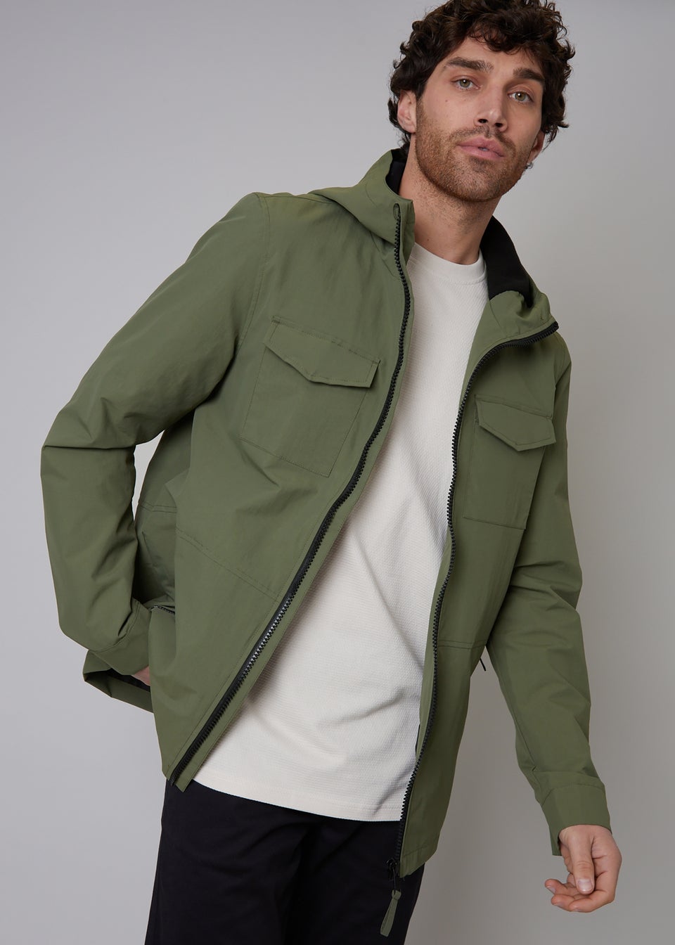 Threadbare Khaki Talon Hooded Lightweight Jacket with Fleece Lined Hood