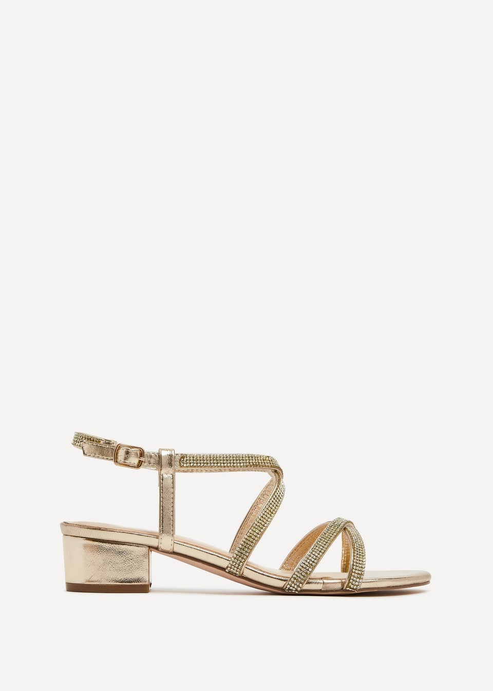 Linzi Glow Gold Faux Leather Crossover Diamante Straps Low Block Heeled Sandal