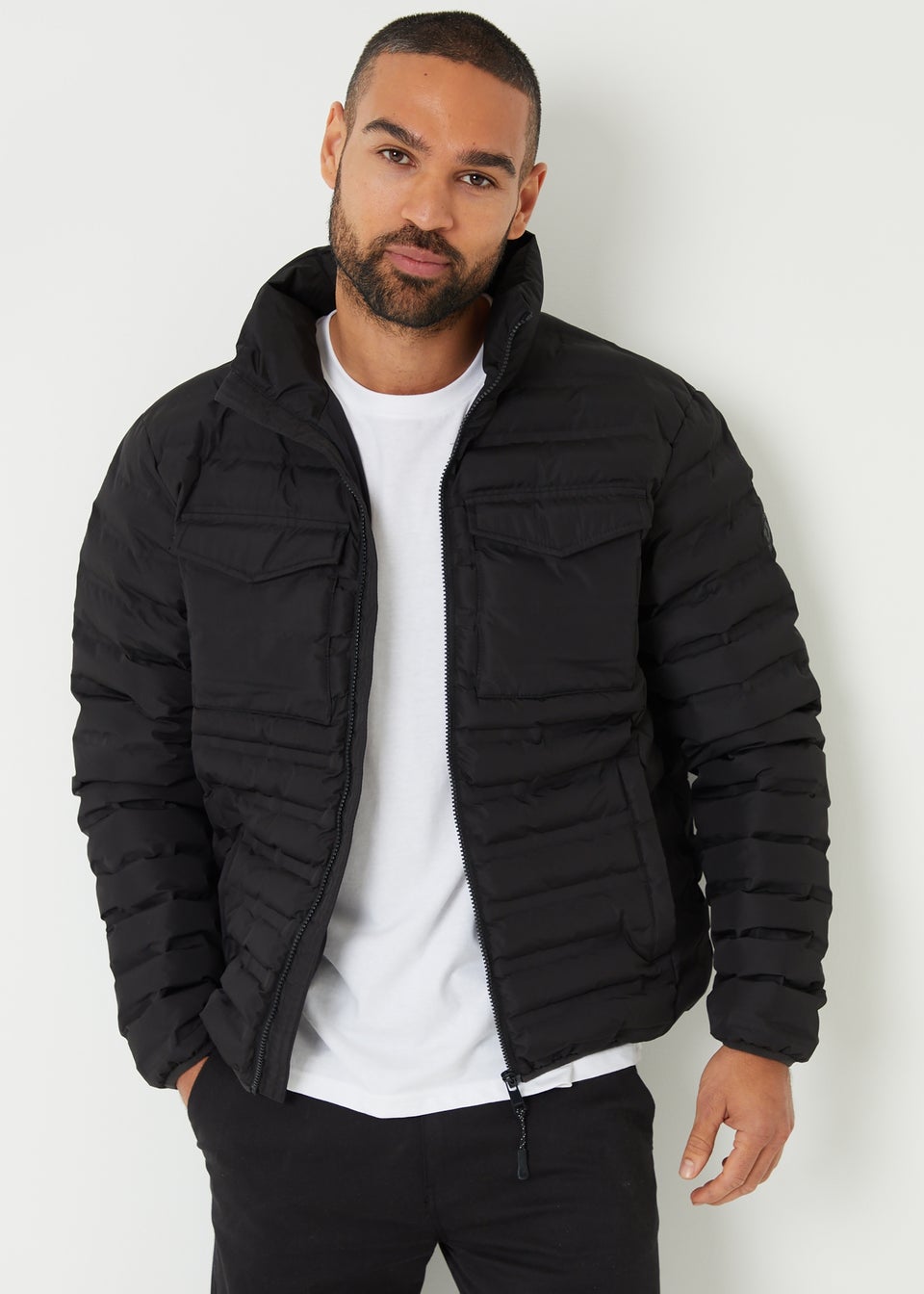 Threadbare Black Funnel Neck Lightweight Puffer Jacket