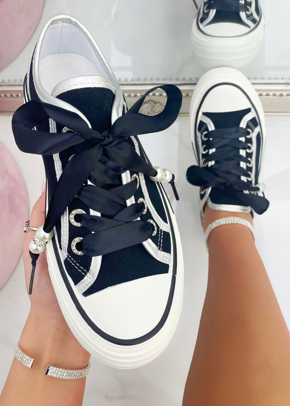 Love Lemonade Black Crystal Lover Lace Up Platform Trainers