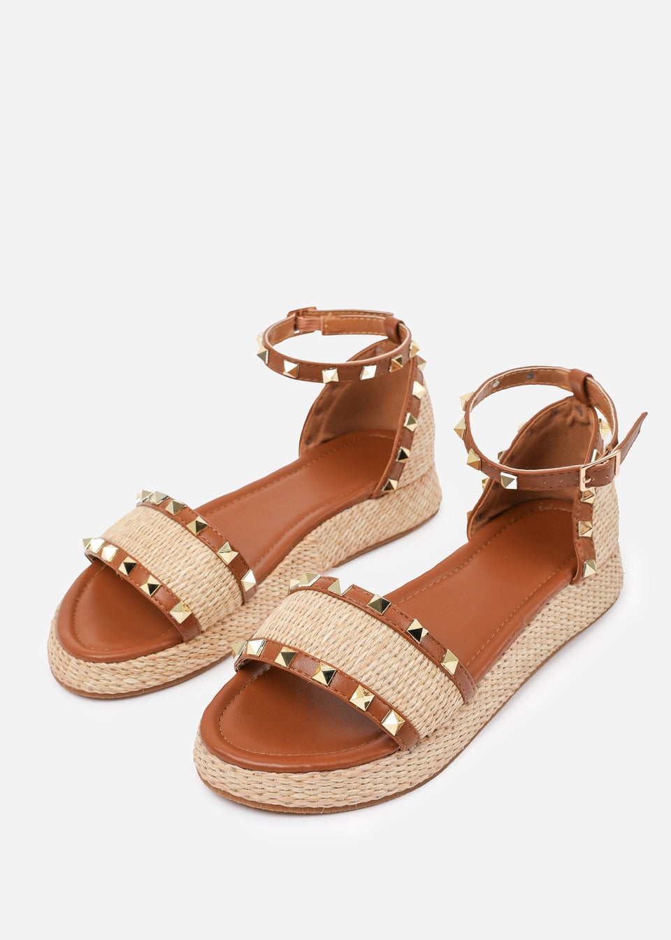 Where's That From Tan-PU Aviva Wide-Fit Studded Gladiator Espadrille Flatform