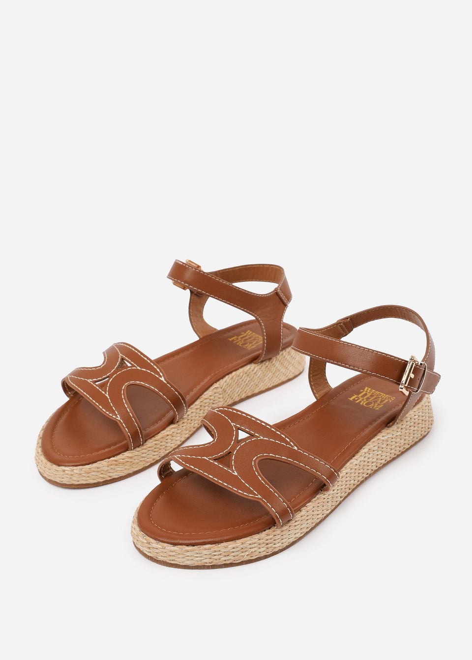 Where's That From Tan PU Sofia Wide Fit Flatform Sandal