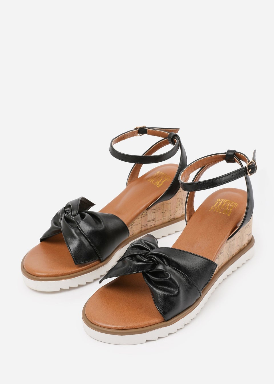 Where's That From Black-PU Katara Wide-Fit Knot Detail Wedge Shoes