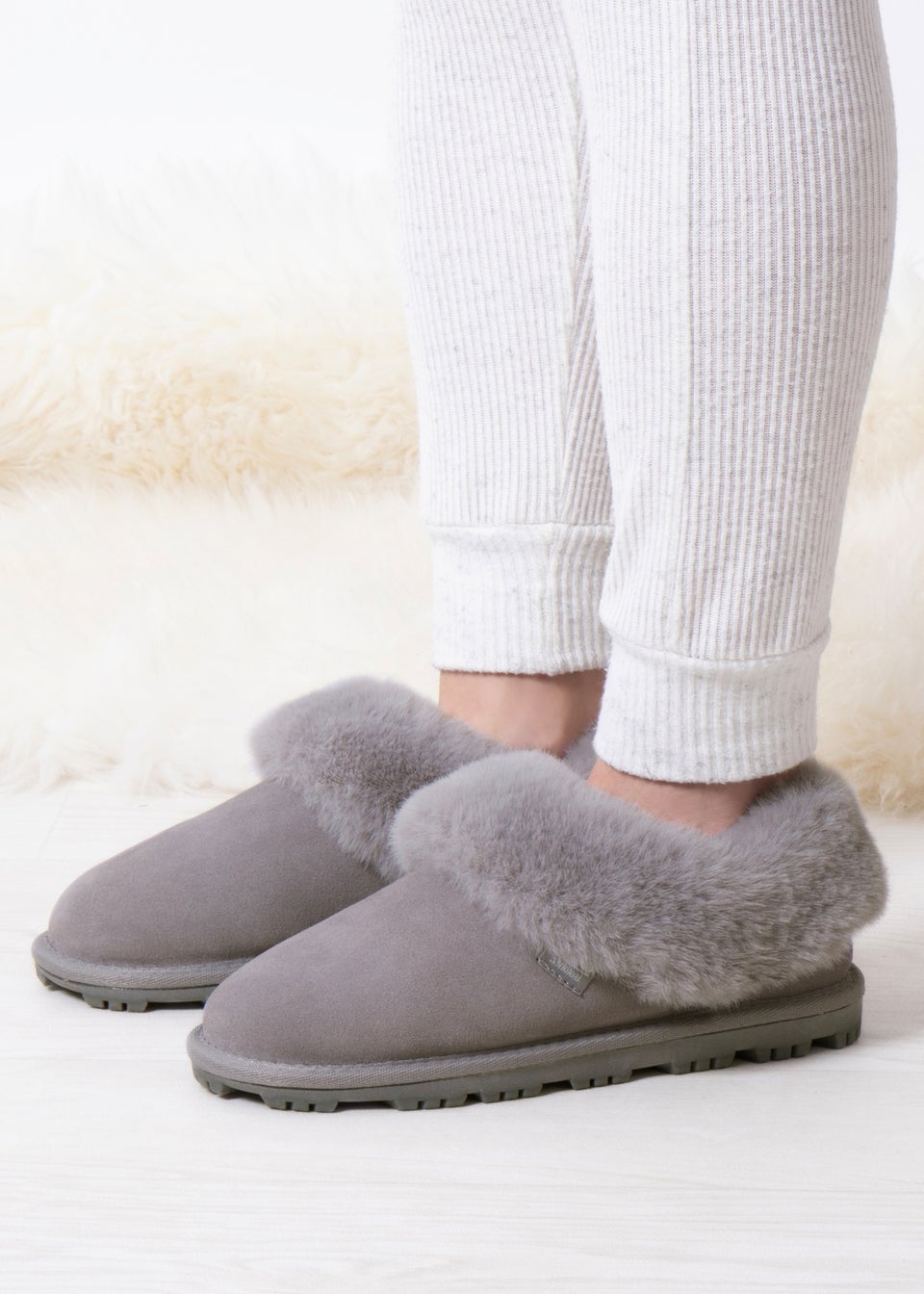 Totes Isotoner Grey Genuine Suede Bootie With Fur Cuff & Lining