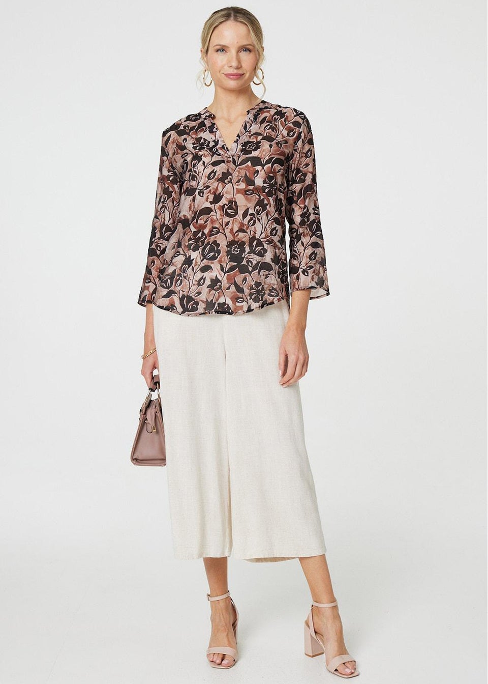 Izabel London Beige Floral Curve Hem Blouse