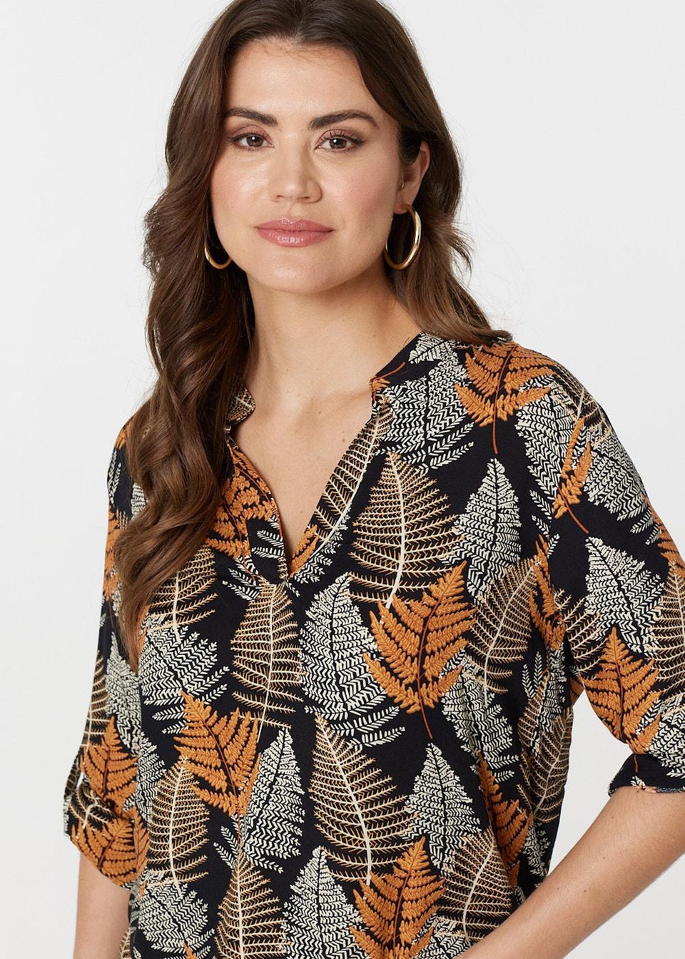 Izabel London Black Leaf Print Turn-Up Sleeve Blouse