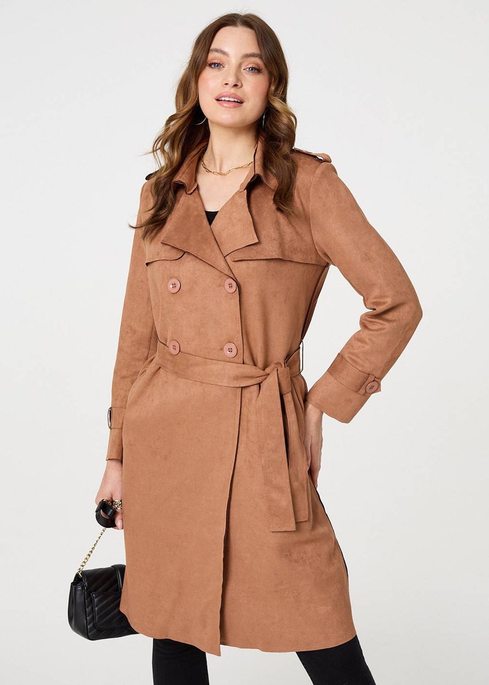 Izabel London Tan Faux Suede Button Front Trench Coat