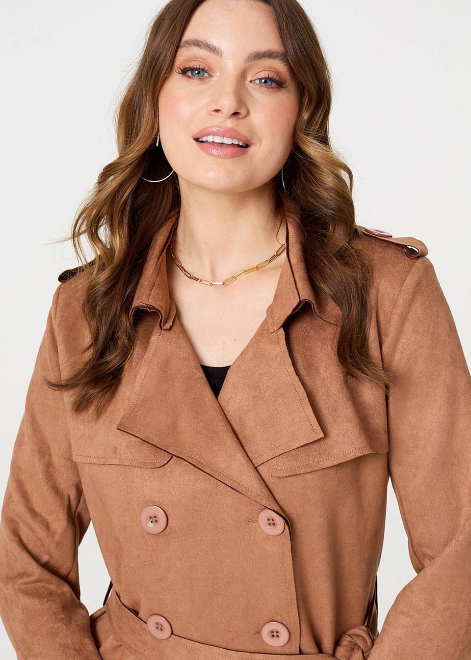 Izabel London Tan Faux Suede Button Front Trench Coat