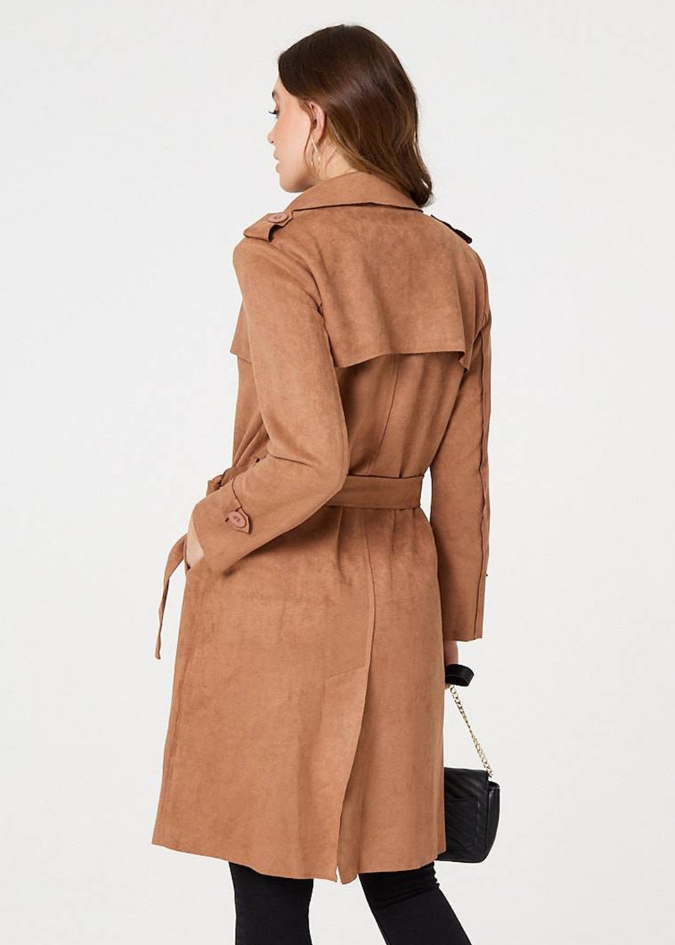 Izabel London Tan Faux Suede Button Front Trench Coat