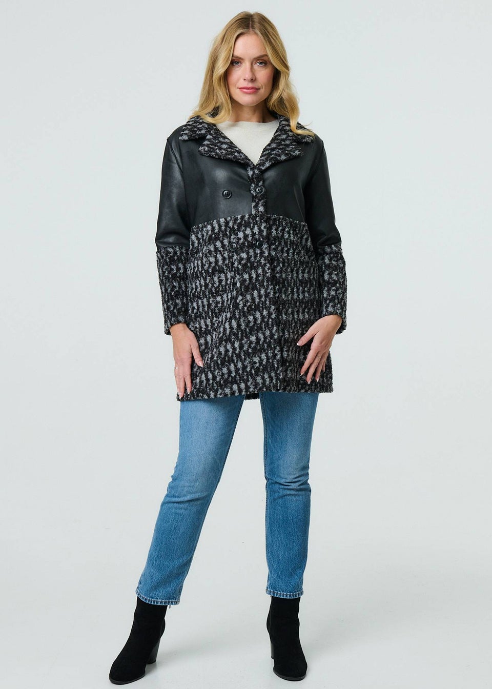 Izabel London Black Printed Faux Leather Trim Teddy Jacket