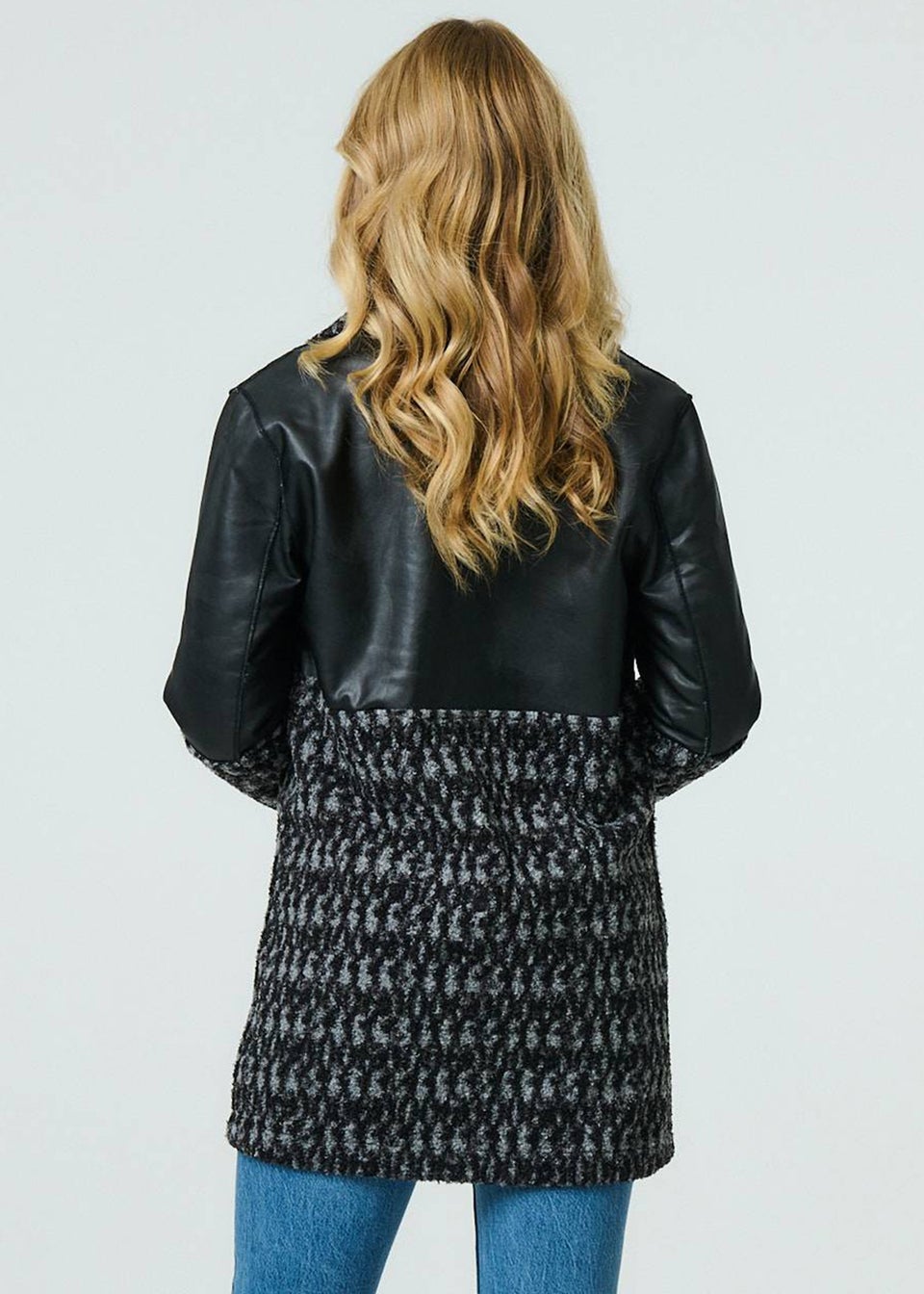 Izabel London Black Printed Faux Leather Trim Teddy Jacket