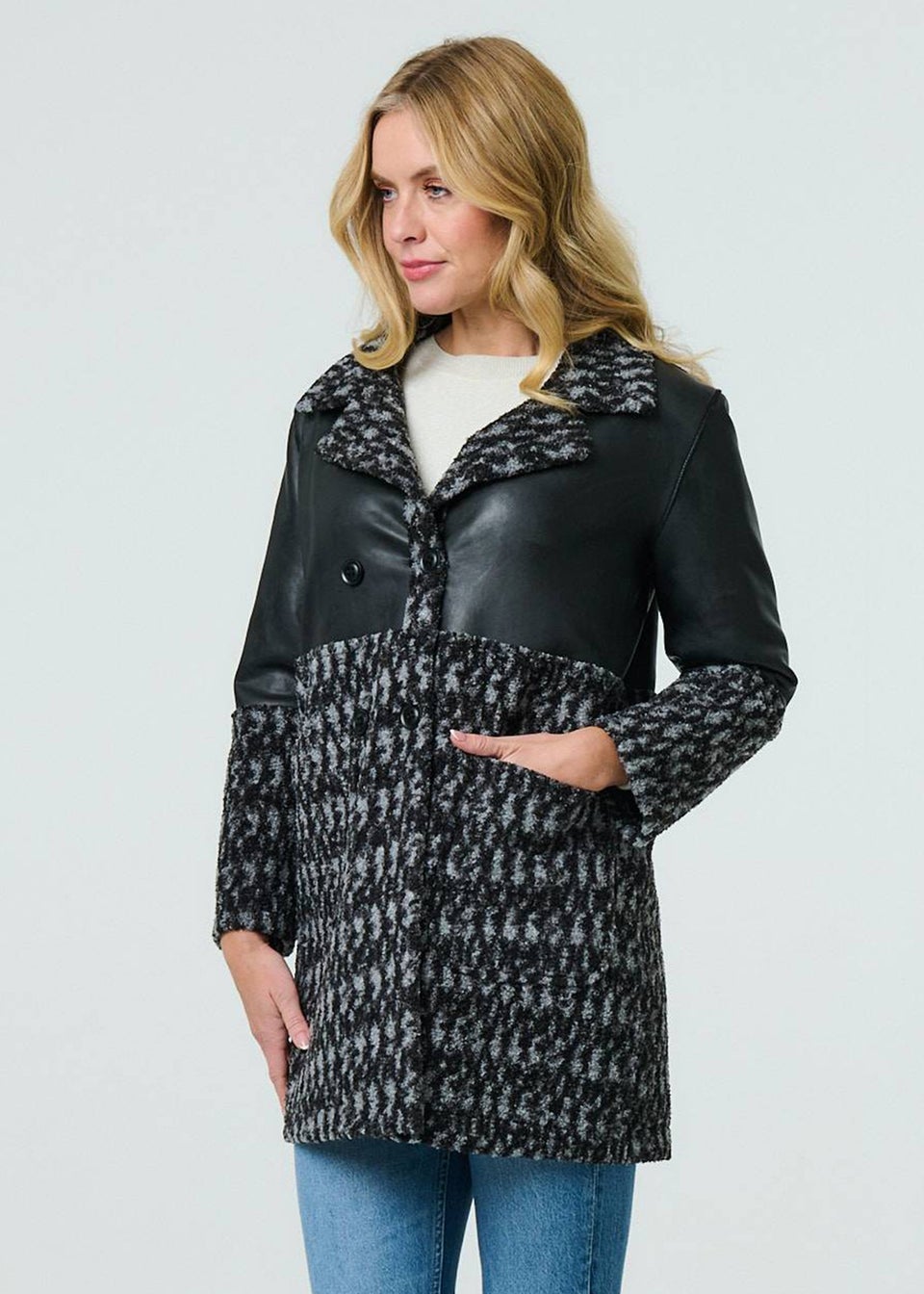 Izabel London Black Printed Faux Leather Trim Teddy Jacket