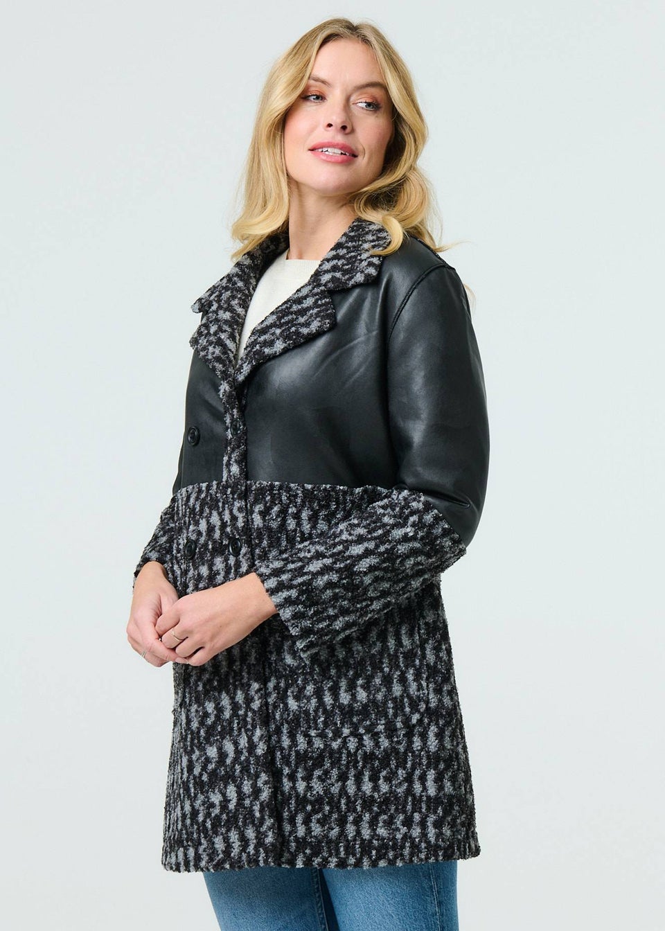 Izabel London Black Printed Faux Leather Trim Teddy Jacket