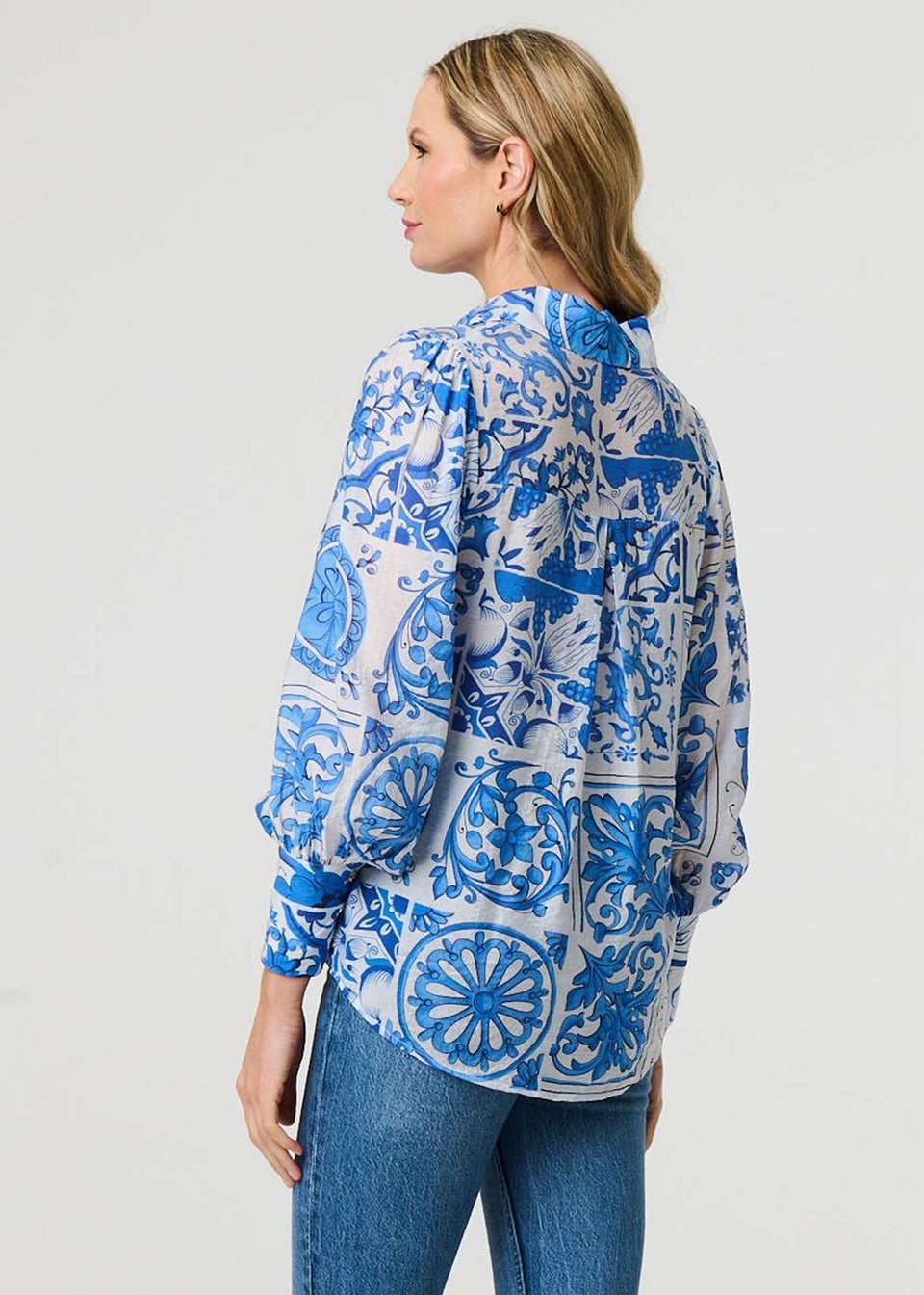 Izabel London Blue Mosaic Print Puff Sleeve Shirt