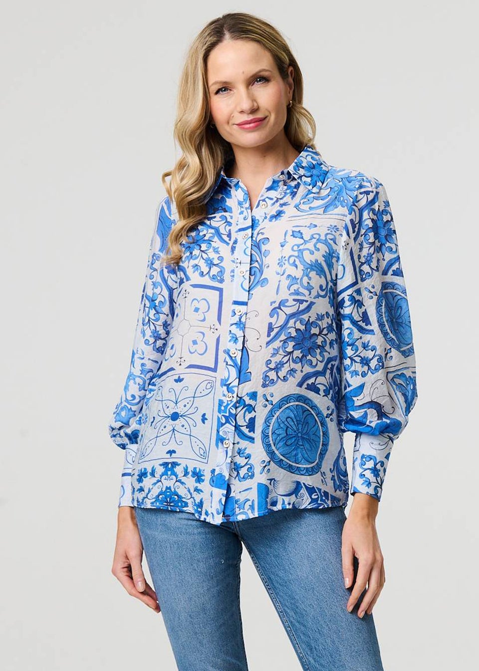 Izabel London Blue Mosaic Print Puff Sleeve Shirt