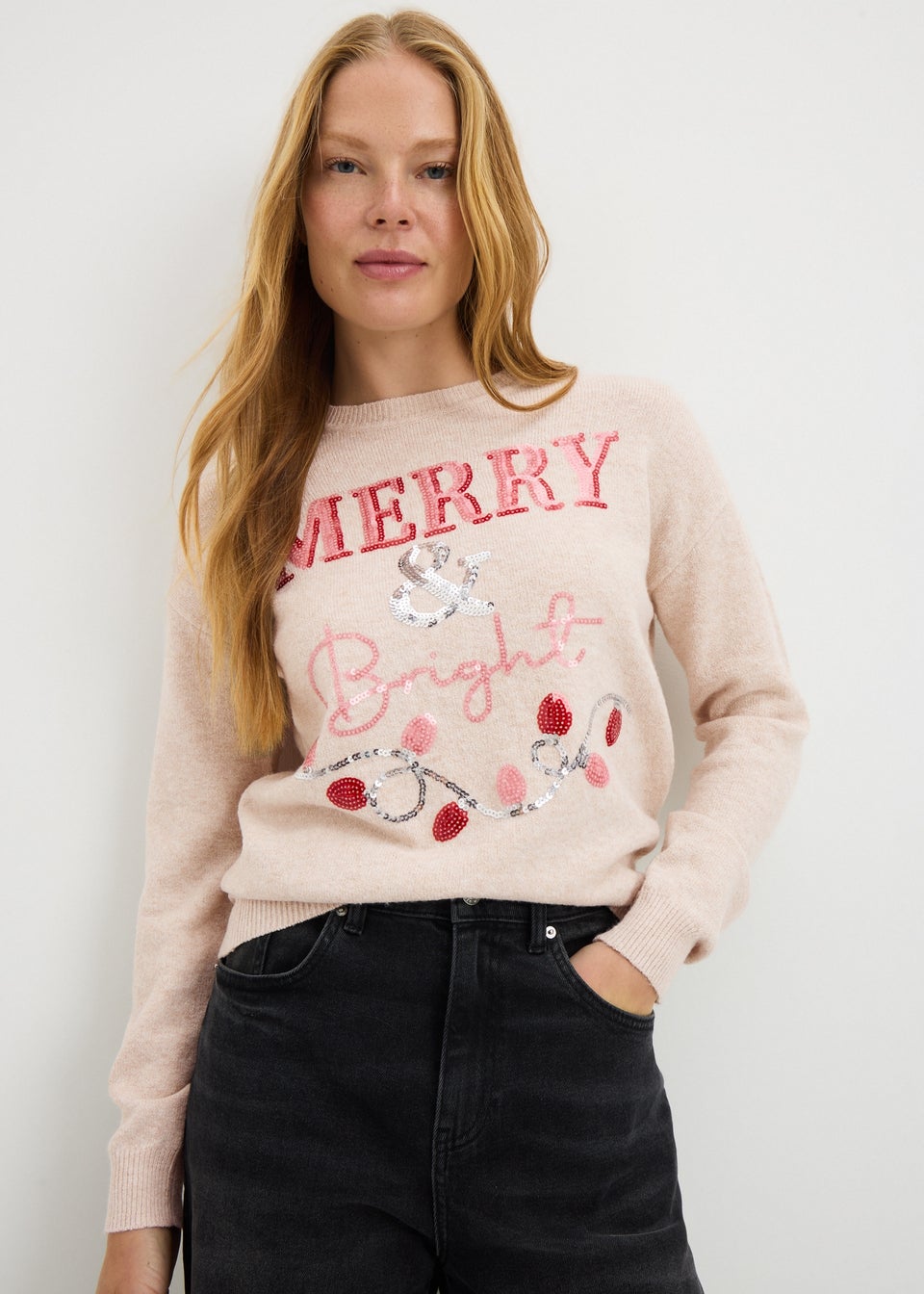 Beige Christmas Merry & Bright Jumper