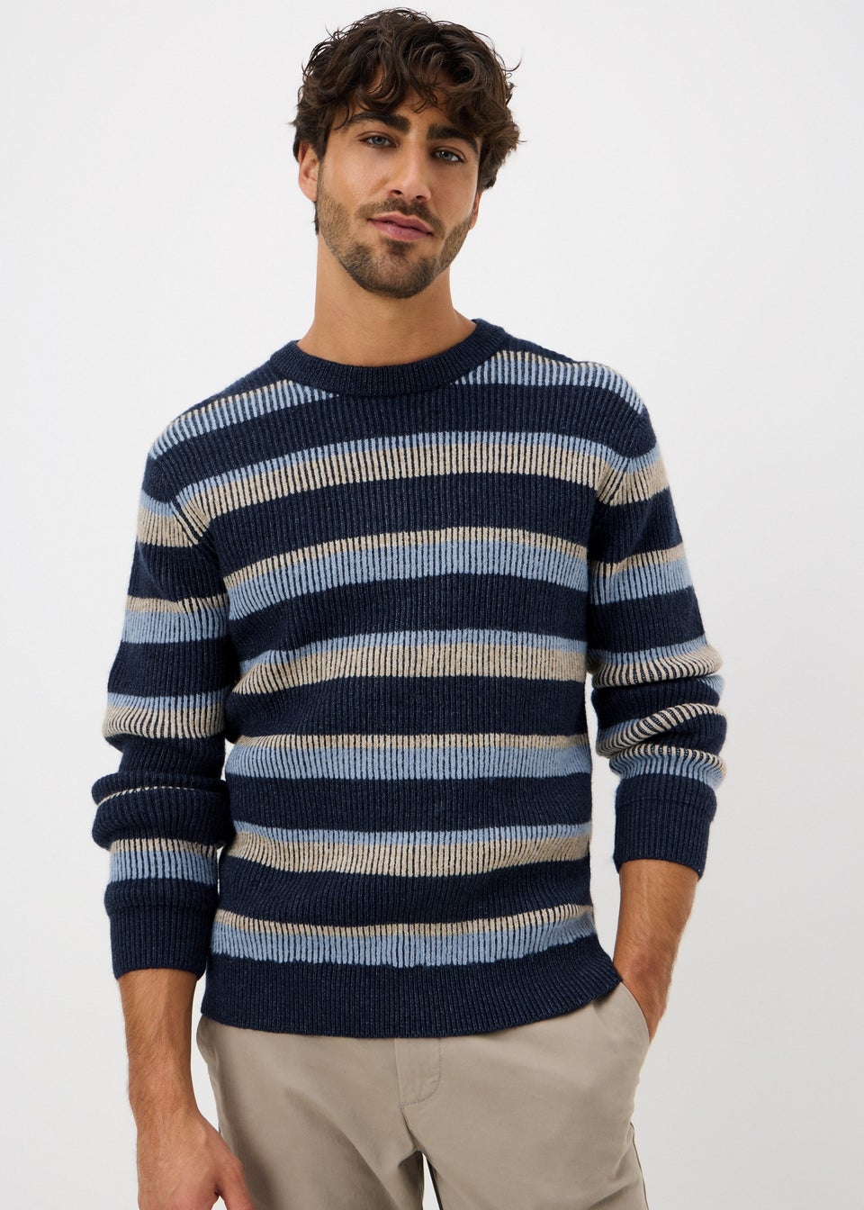 Navy Plaited Stripe Knit Jumper