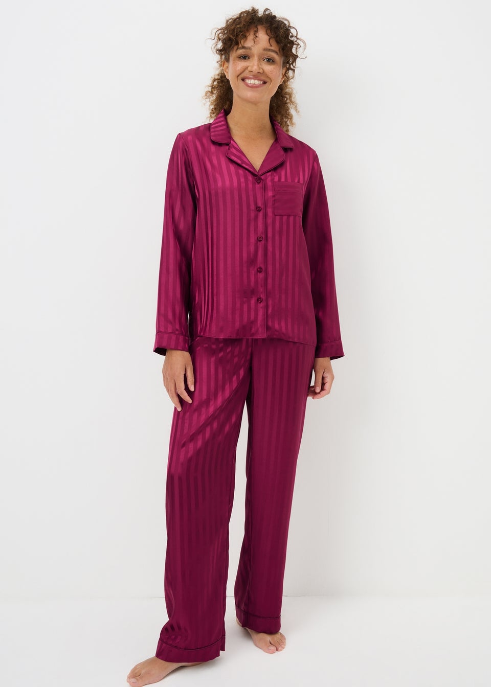 Berry Jacquard Stripe Satin Pyjama Set