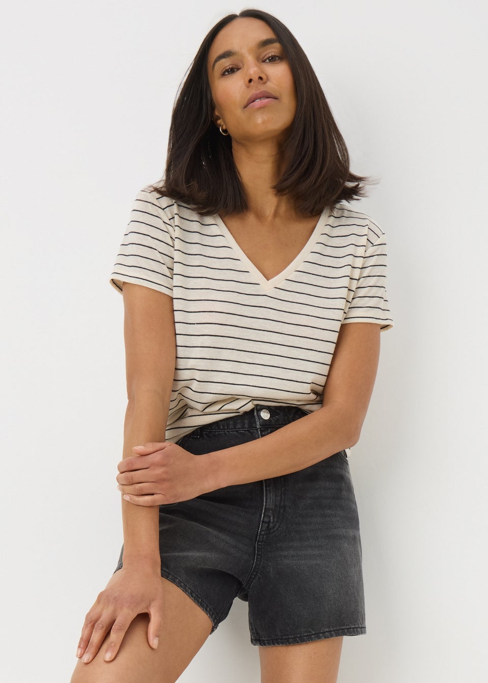 Cream Stripe Linen Blend V-Neck T-Shirt